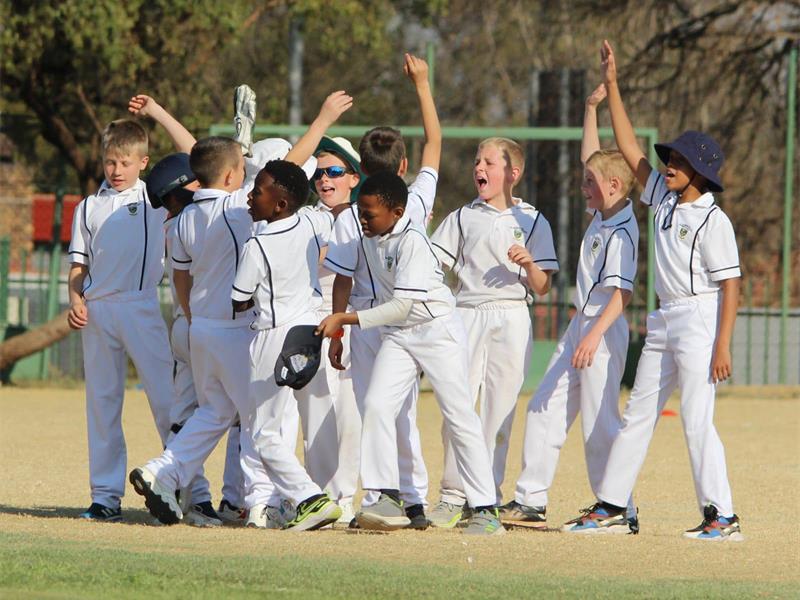 A group of young boys in baseball uniforms celebrating.