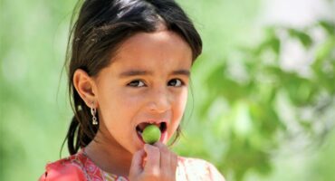 A young girl is eating an apple.