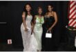 three girls in evening gowns