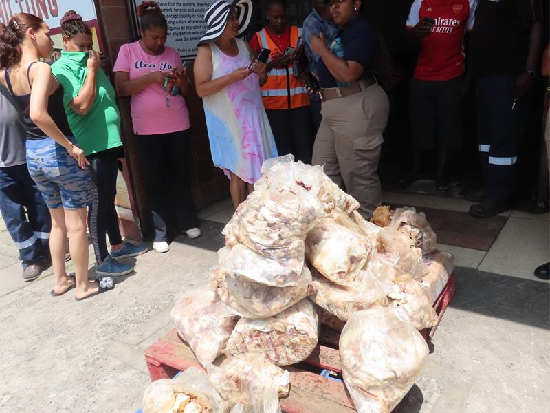 Hoard of rotten meat on a wooden pallet outside a building. People gathering around, some taking photos or chatting.