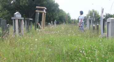 a woman stand in tall grass in a cemetery