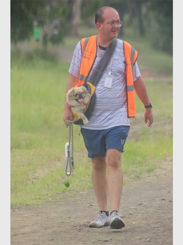man in reflector jacket carries small dog in a pocket
