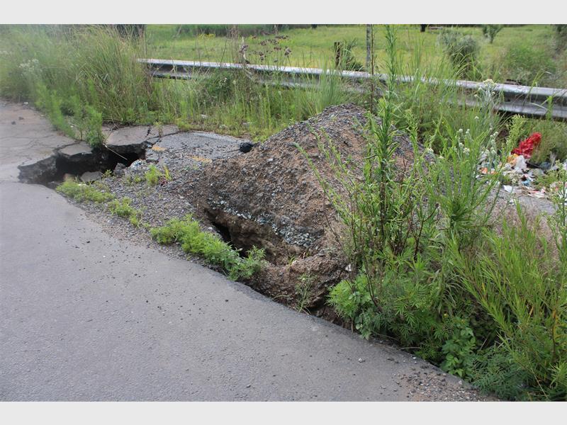 weed and gravel on a broken road surface