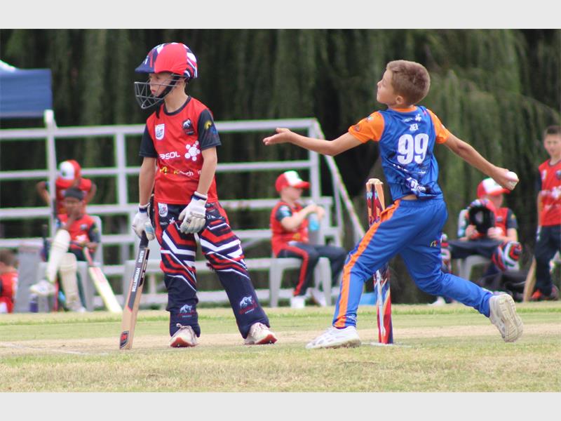 boy in orange and blue cricket clothes bowl