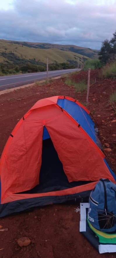 a red and blue tent