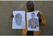 man holds up two pencil sketches