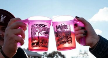 two people cheer their drinks