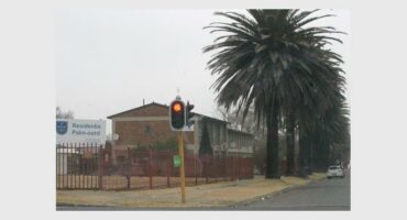 A building with palm trees