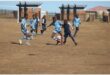two teams of young soccer players compete for the ball.