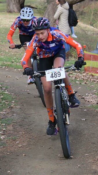 A cyclist takes part in a mountain bike competition