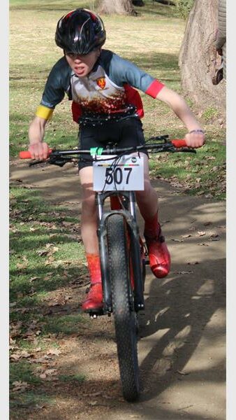 A cyclist takes part in a mountain bike competition