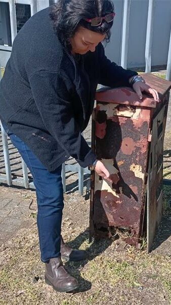 woman inspects an electricity box