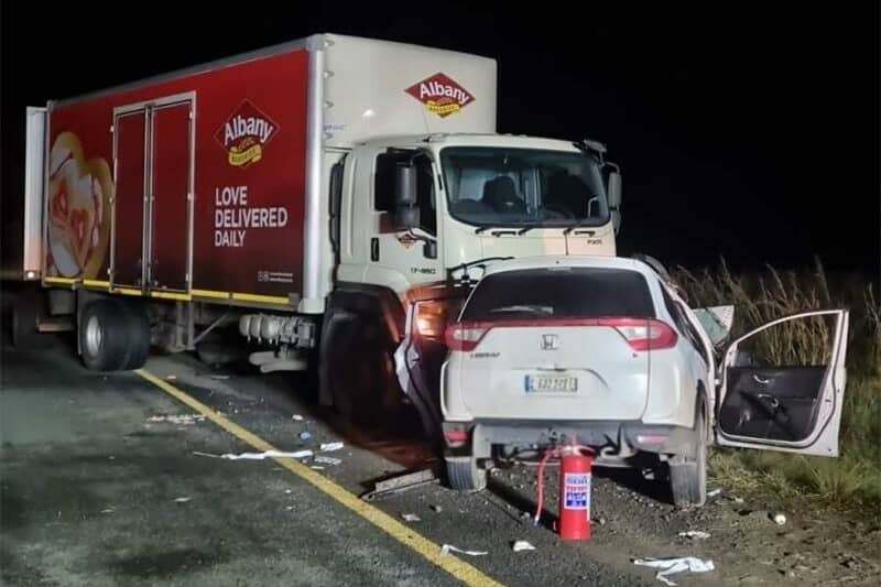 a head-on collision between a truck and a car