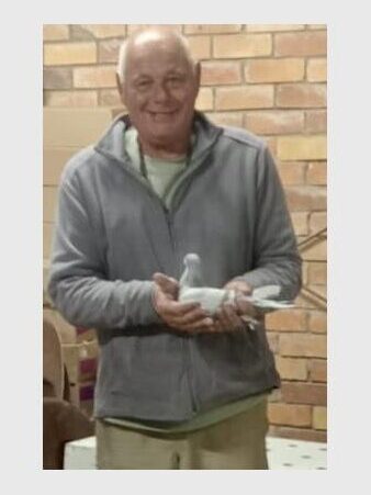 man holds a homing pigeon in his hands