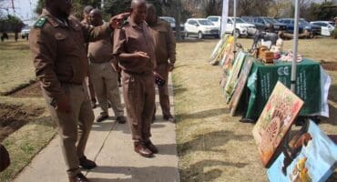 prison wardens look at art pieces