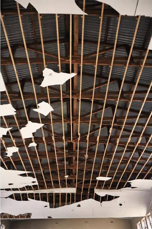 A ceiling is falling apart