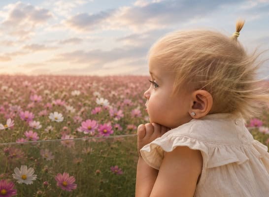 a little girl look out at Cosmos flowers