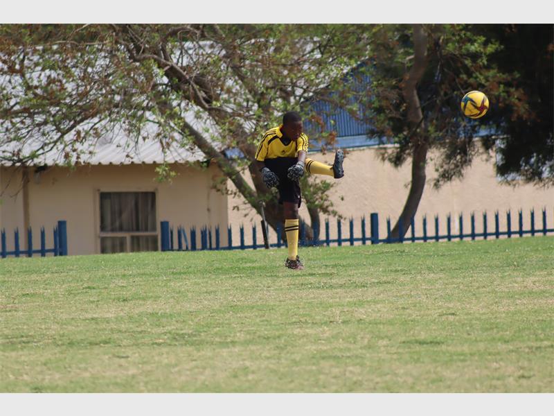a soccer goalie kicks the ball